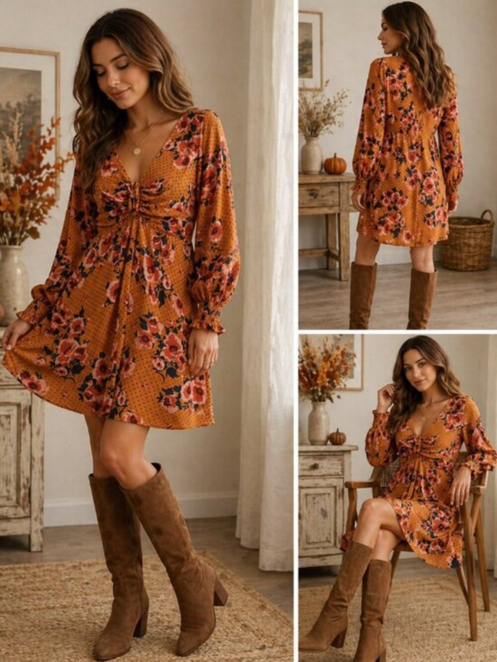 Boho Floral Mini Dress Mustard Long Sleeve V Neck Smocked Cottagecore Medium